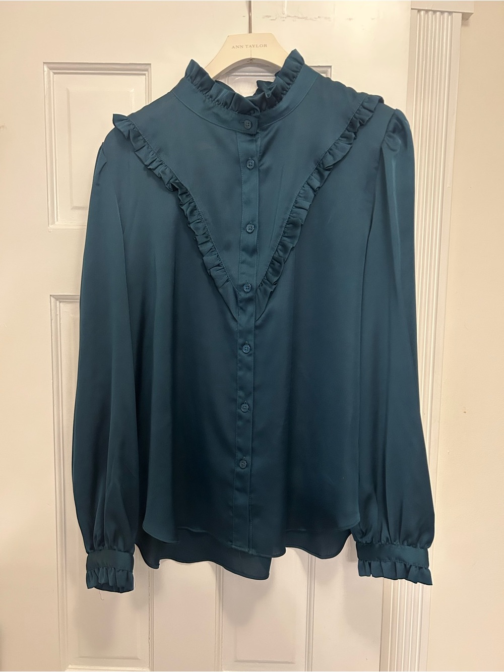 Ann Taylor Teal Ruffle-Trim Button Front Blouse